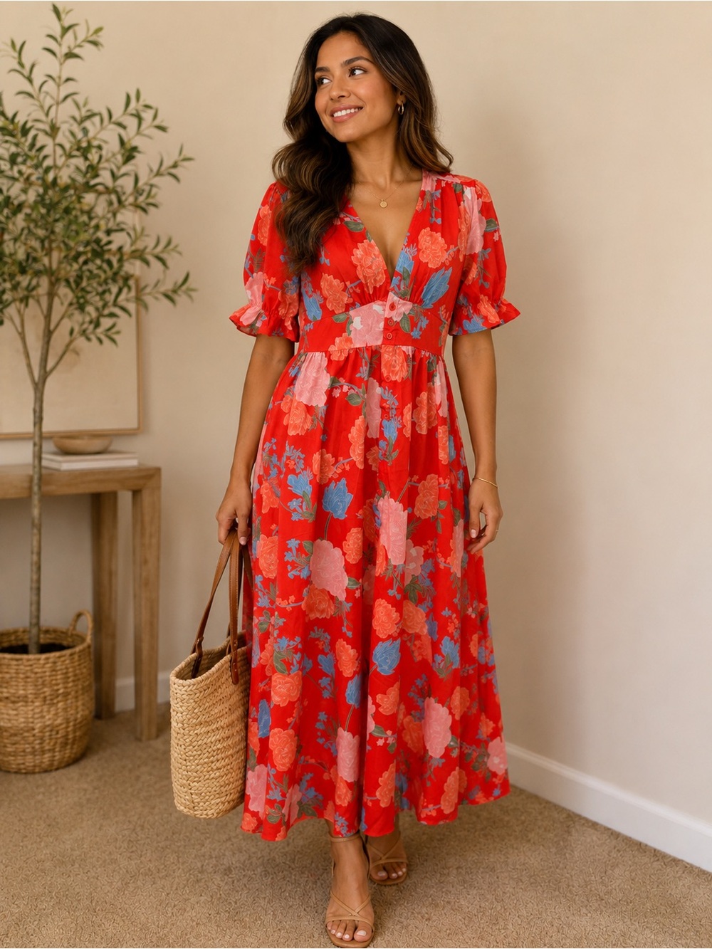 Floral Red V-Neck Maxi Dress with Puff Sleeves